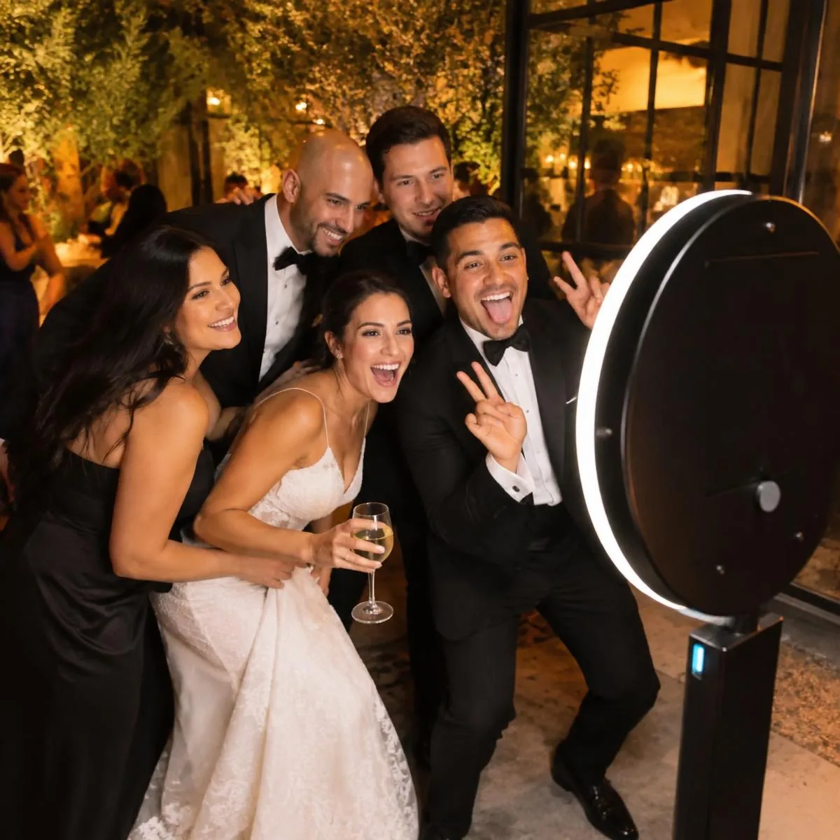 Guests posing playfully inside the open-air photobooth