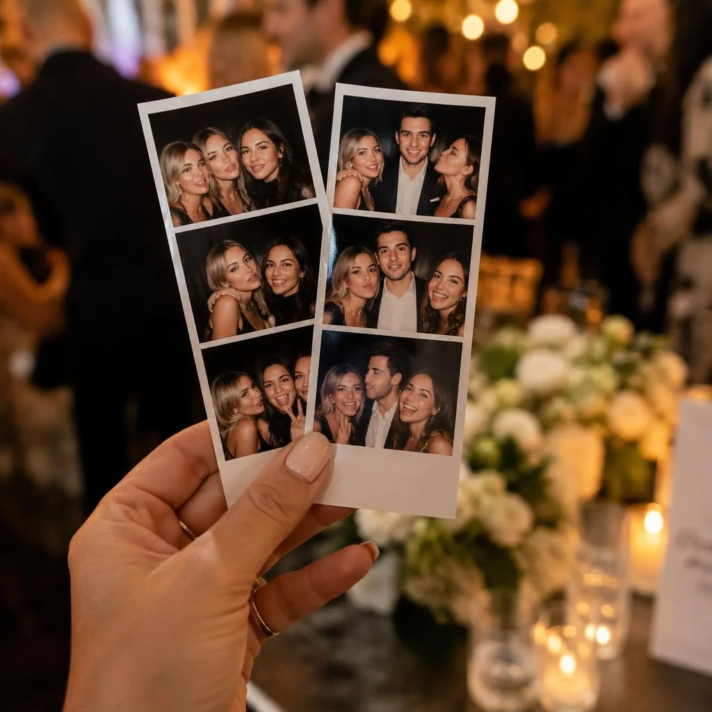 A hand holding printed photo strips