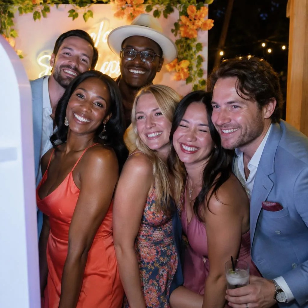 A group of friends crowding into the photobooth frame