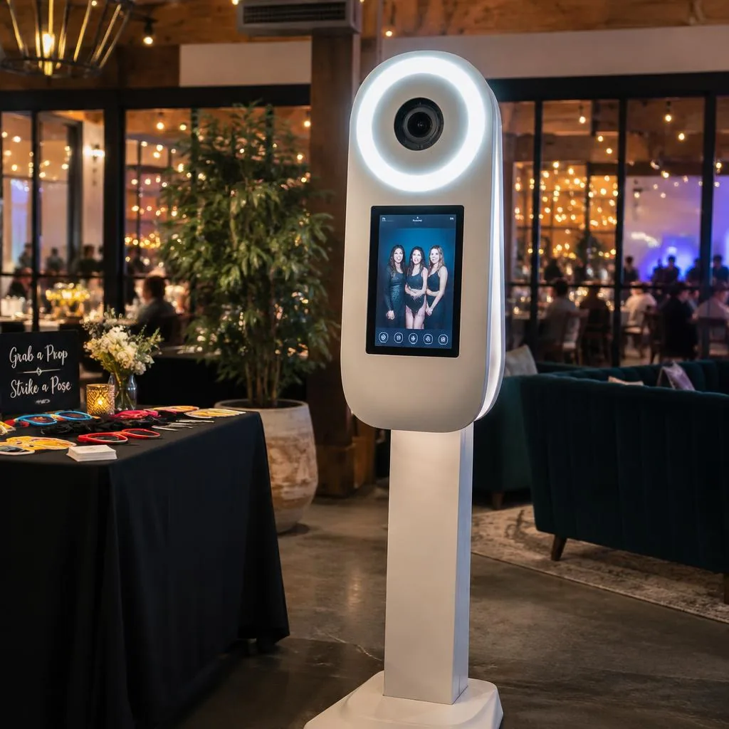 The photobooth station with ring light and touchscreen