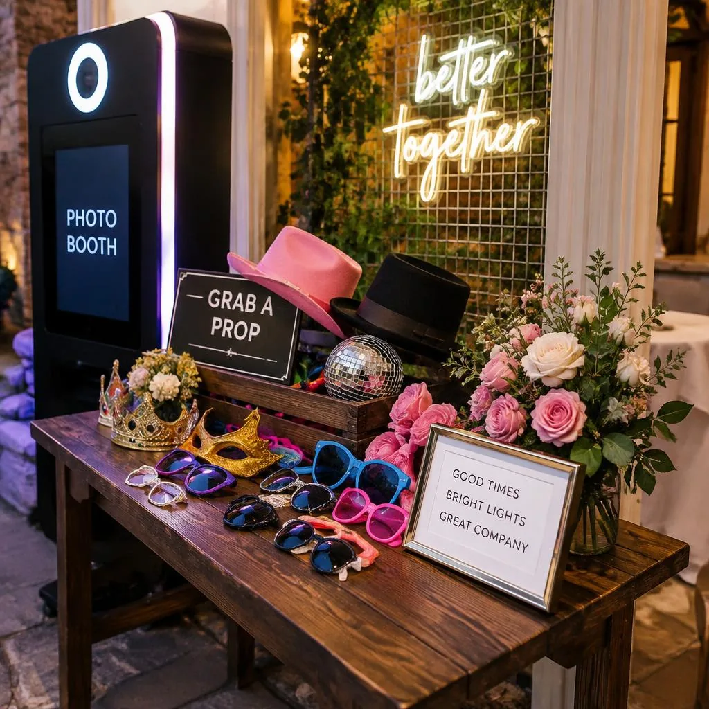 Styled prop table beside the booth