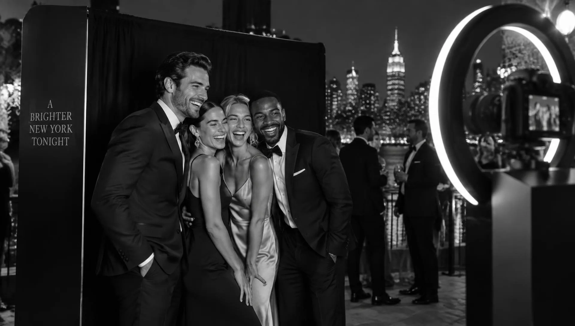 Guests laughing inside an open-air photobooth at a New York event