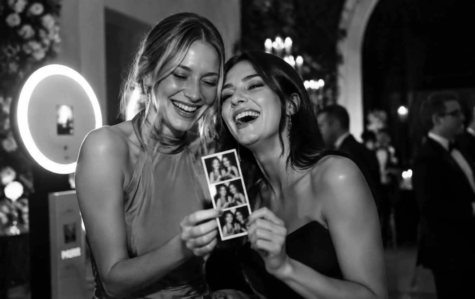 Two guests laughing over a printed photo strip